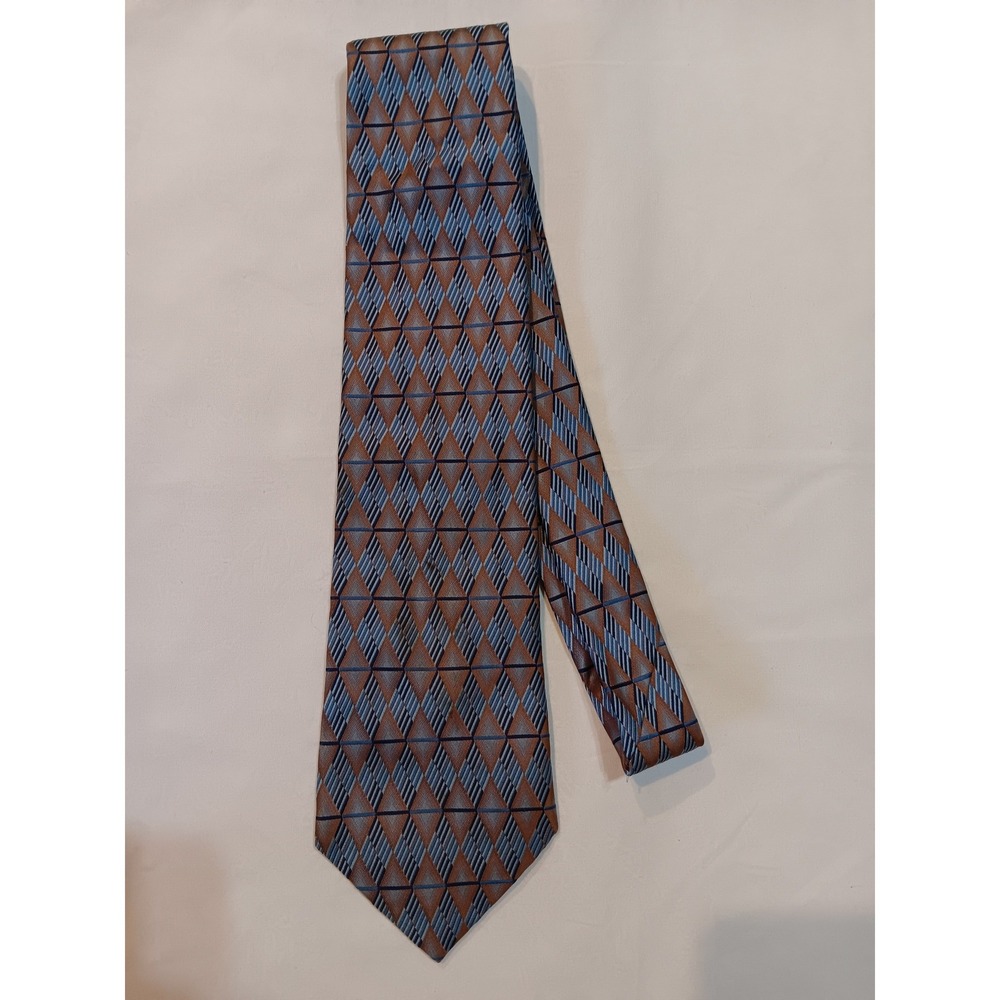 Joseph & Feiss International Mens Silk Tie Brown Blue Geometric Diamond Wide 4in